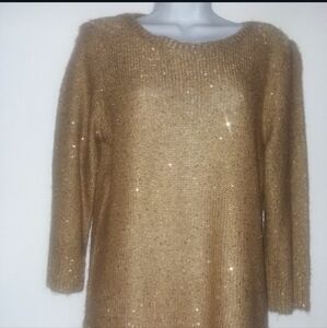 Womens Gold color spring/ Summer/Fall sequined sweater with 3/4 Length sleeve,